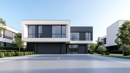 Modern residential building with a basketball court in front.