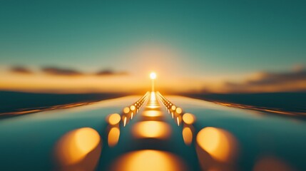 Glowing pathway leading towards a bright sunlit target at the horizon, symbolizing focus and the journey towards success and achievement.