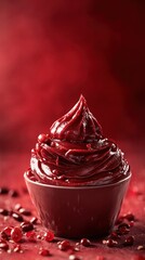 Closeup of a rich chocolate cupcake with a creamy smooth chocolate frosting topping and garnished with ripe juicy berries against a deep red background creating a tempting and decadent dessert scene