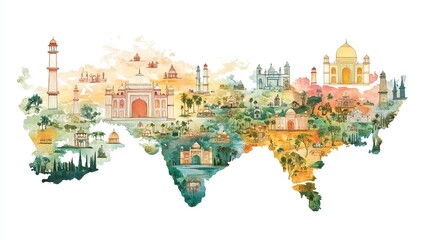 Watercolor map of India with iconic landmarks.