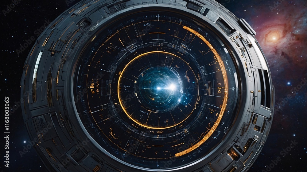 Poster cosmic gateway: a futuristic spaceship, bathed in the ethereal glow of distant nebulae, reveals a me