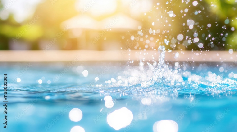 Poster clear droplets of water burst from a pool under bright sunlight, creating a refreshing atmosphere in