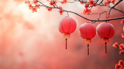 Minimal background of red Chinese lanterns on a branch, symbolizing celebration and heritage.  