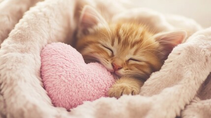 An adorable orange kitten cuddles with a pink heart-shaped plush toy while nestled in a soft blanket, exuding warmth and comfort