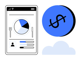 Smartphone screen with pie chart and user profile, blue dollar sign in circle, cloud icon. Ideal for personal management, finance tracking, health monitoring, online identity, data analytics, app