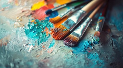Bright hues of paint blend on a well-used palette, while an array of brushes sits beside, showcasing creativity in a lively art space