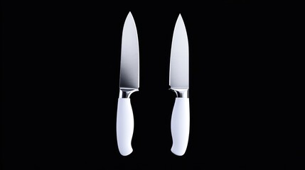 Two kitchen knives with sleek stainless steel blades and white handles.