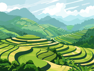 Hmong Rice Terraces: Mountainside Masterpieces of Vietnam's Farming Heritage, in Enchanting Animated Illustration