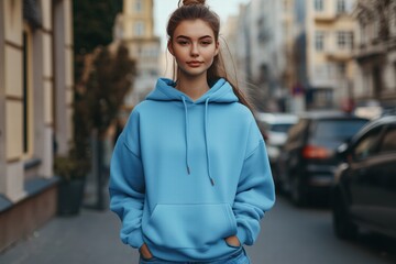 Fototapeta premium A young woman stands confidently on a city street, wearing a light blue color hoodie mockup and jeans. She has long hair styled in a ponytail and a relaxed expression, with urban buildings.