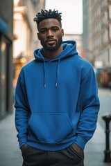 Fototapeta premium A young man stands confidently on a city street, wearing a blue color hoodie mockup. He has short, styled hair and a serious expression, with buildings in the background. 