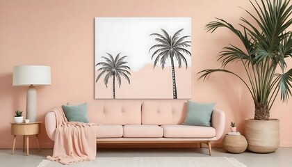Palm Tree Artwork Adorns Modern Pink Living Room
