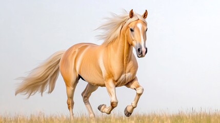 Obraz premium A golden horse galloping gracefully across an open field.
