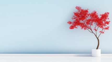 Obraz premium A minimalist scene featuring a red tree in a modern pot against a blue wall.