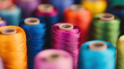 Bright spools of thread in various colors are organized together, perfect for sewing and crafting projects in a vibrant setting