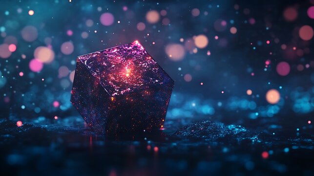 3D render of a geometric shape suspended in space with glowing light trails  - Powered by Adobe