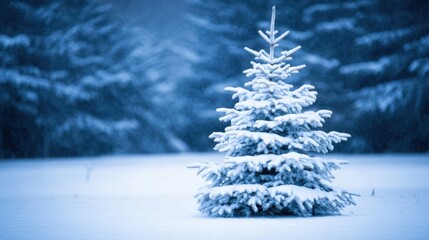 Obraz premium A beautifully frosted Christmas tree is nestled in a serene snowy forest at twilight, illuminated by the soft glow of fading light