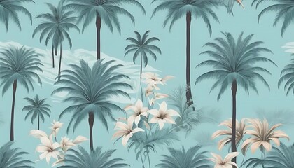 Teal Tropical Paradise Palm Trees and Lilies Design