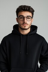 Obraz premium A young man with glasses wearing a black hoodie mockup, standing against a light gray background. He has a serious expression and styled hair, showcasing a modern and casual look. 