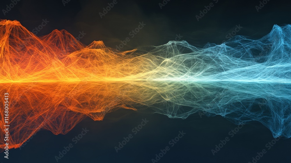 Poster vibrant waveforms in orange and blue intertwine above a reflective surface, creating an eye-catching