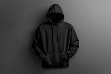 A black hoodie mockup against a gray background, featuring a front pocket and drawstrings on the hood. Sweatshirt long sleeve hoody mock-up for print.