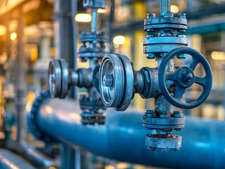 Close-up of industrial valves and pipelines in a factory setting, showcasing engineering, manufacturing processes, and modern industrial technology.