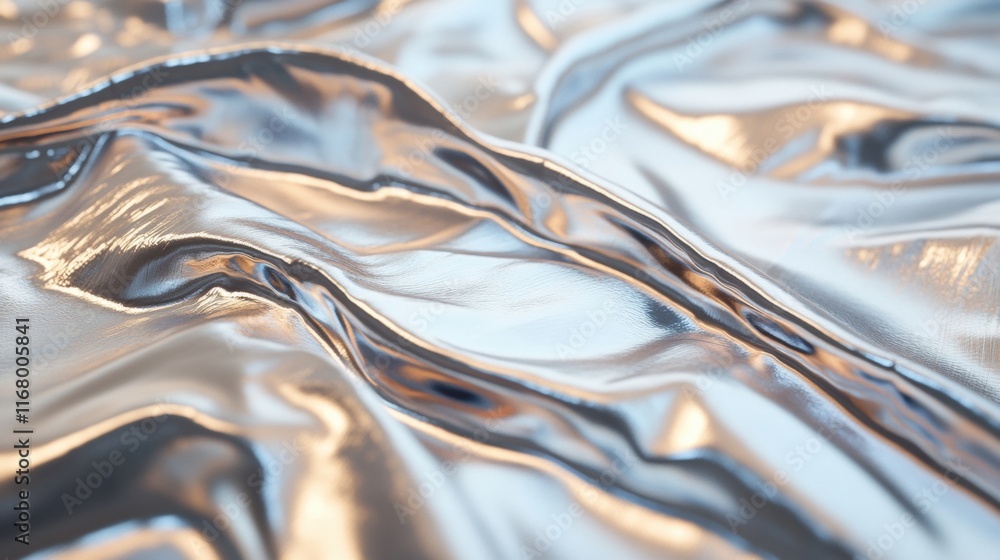 Poster the texture features fluid waves of silver metallic fabric, reflecting light and creating a dynamic 