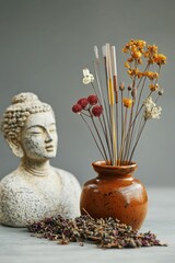 Dried flowers, thin tools, statue, herbs, pottery.