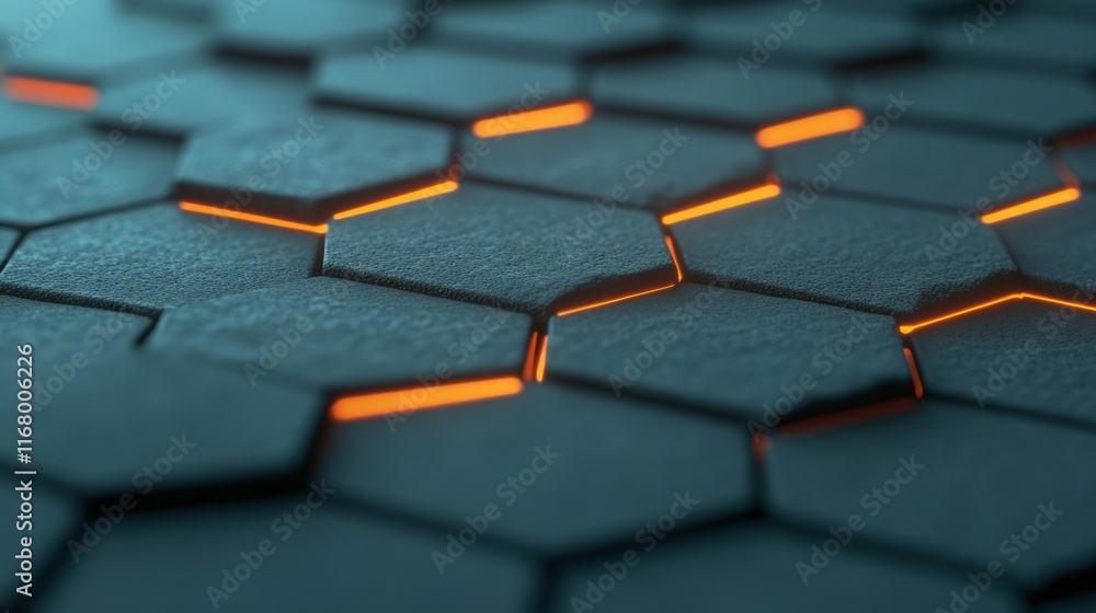 Poster a visually striking abstract hexagonal pattern features glowing orange lights, enhancing the contemp