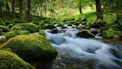 Obraz premium A tranquil mountain stream flowing through a moss-covered forest.