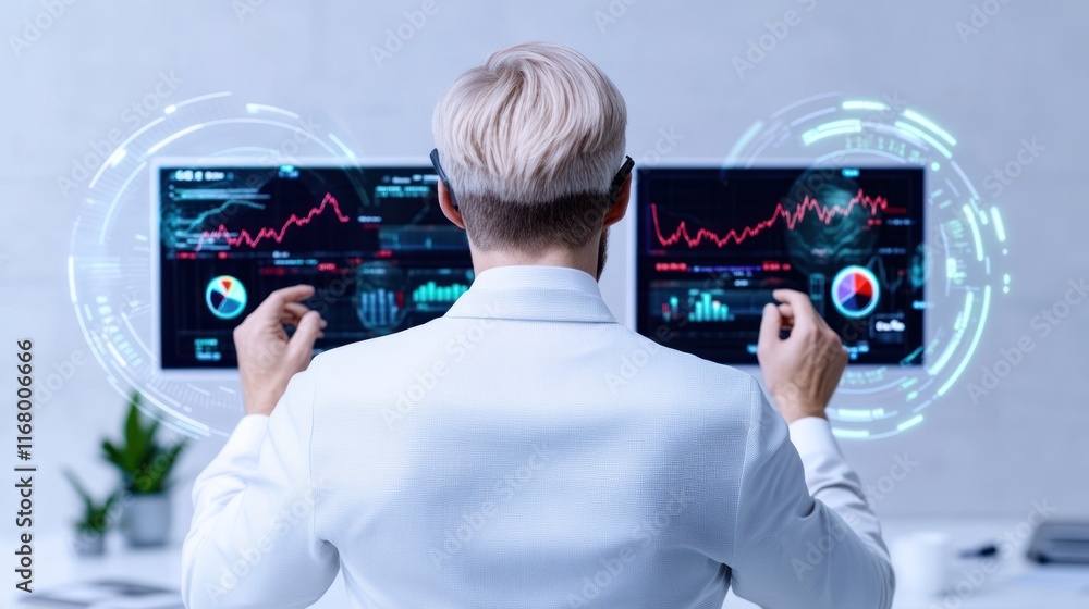 Aufkleber person analyzing data on dual monitors with digital graphs.