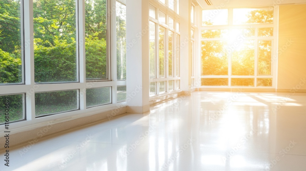 Poster corridor in a hospital features large windows that let in sunlight, creating a warm and inviting atm