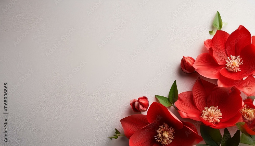 Poster red flowers on light backdrop, copy space. generated image