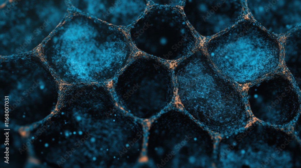 Poster detailed visualization showcases a blue molecular structure with interconnected patterns and texture