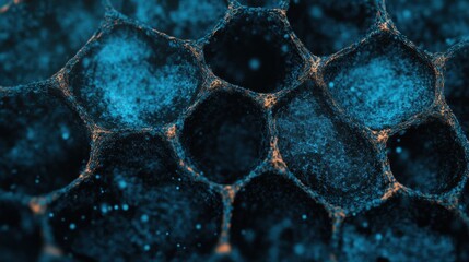 Detailed visualization showcases a blue molecular structure with interconnected patterns and textures, representing complex science and biology