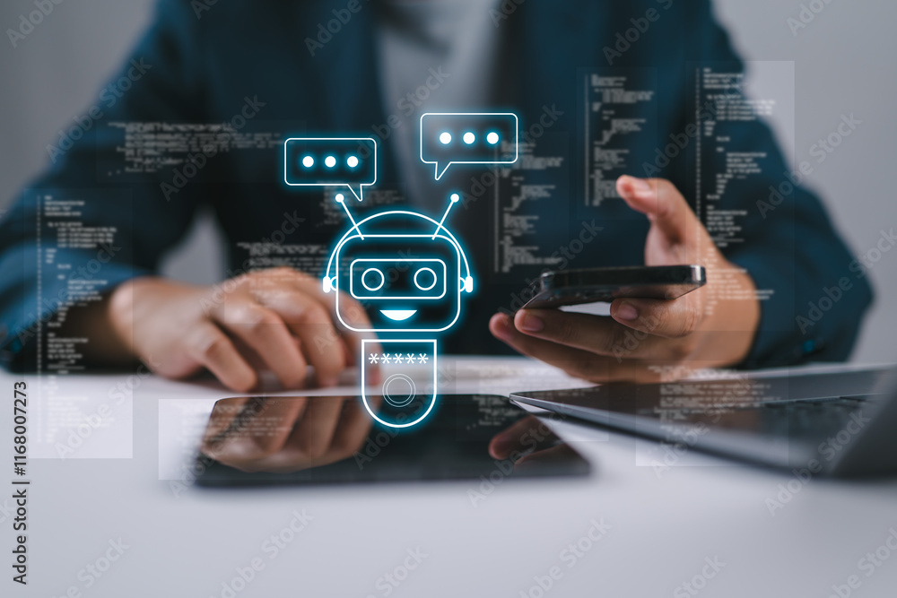 Poster Power of AI enhance your business communication. Businessman using tablet to connect with AI chatbot, providing intelligent answers to complex questions. Embrace the future of problem solving.