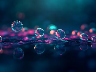 Transparent circular shapes with glowing edges on a dark reflective background 