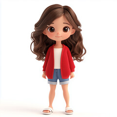 Smiling Cute girl Cartoon illustration with beautiful brown hair wearing red cardigan standing isolated on white background