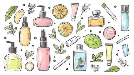 Doodle Style Skin Care Product Illustration Set on White Background