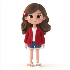 Cute girl Cartoon illustration with brown hair wearing red cardigan standing isolated on white background