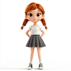 Cute girl Cartoon illustration with brown hair wearing white polo standing isolated on white background