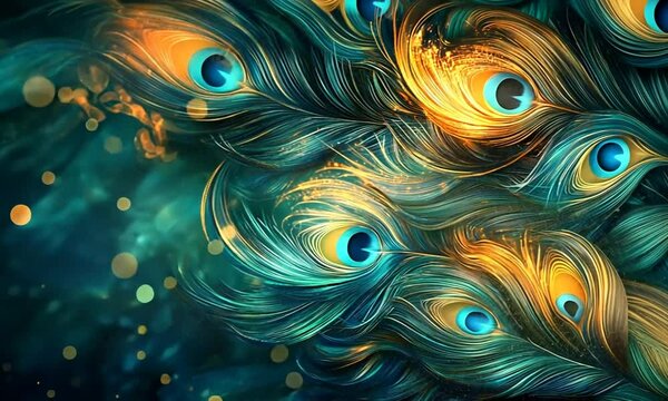 Ornate peacock feather pattern with teal and gold.