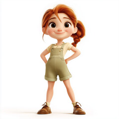 Cute girl Cartoon illustration with brown hair standing isolated on white background