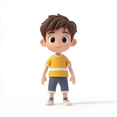 Cute kids boy Cartoon illustration wearing yellow tshirt standing isolated on white background