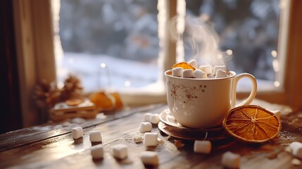 A cozy winter scene with a steaming mug of hot chocolate, marshmallows, dried orange slices, and a frosted window, capturing a warm, inviting atmosphere with seasonal decor and holiday mood