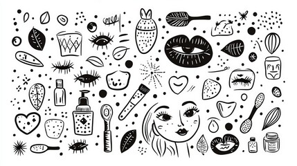 Doodle Style Skin Care Product Illustration Set on White Background