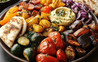 Roasted Vegetable Platter with Hummus and Pita Bread: A Mediterranean Feast