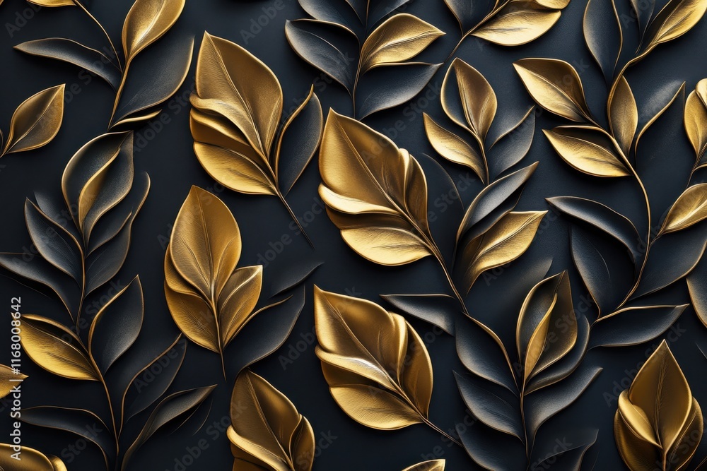 Aufkleber luxurious black background adorned with intricate gold leaves in a 3d style, creating a rich and ele