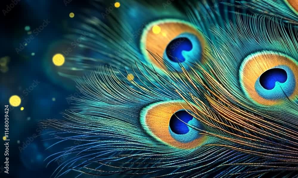 Poster peacock feathers close up with bokeh.