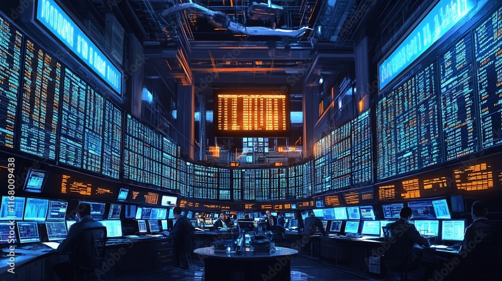 Aufkleber futuristic trading floor with numerous screens displaying financial data, traders working at compute