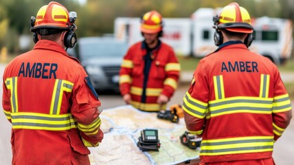 AMBER alert system. Firefighters strategizing over a map during an emergency response.